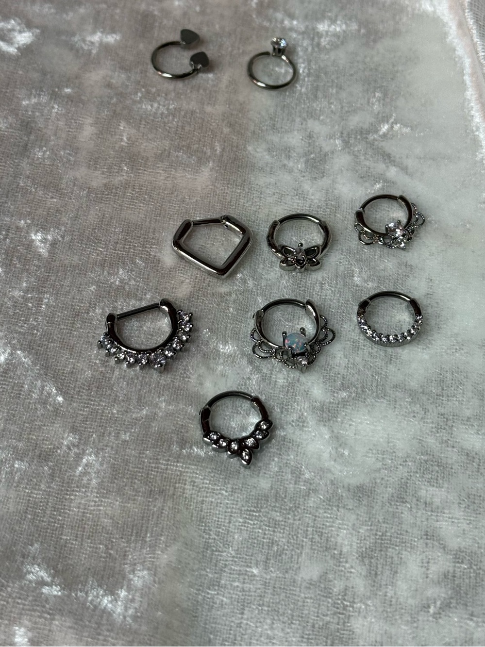 Septum Ring Set Silver Tone CZ - 7 Pieces Feminine Dainty Sparkly Body Jewelry